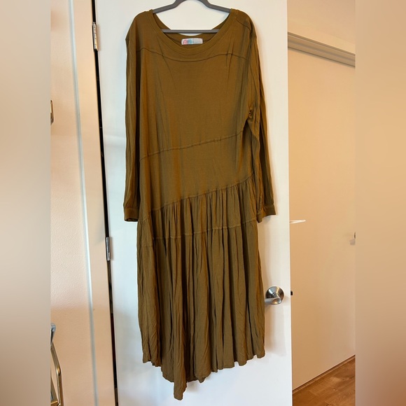 Free People Beach Tan Jilly Drop Waist Long Sleeve Asymmetric Hem Midi Dress - Picture 3 of 6
